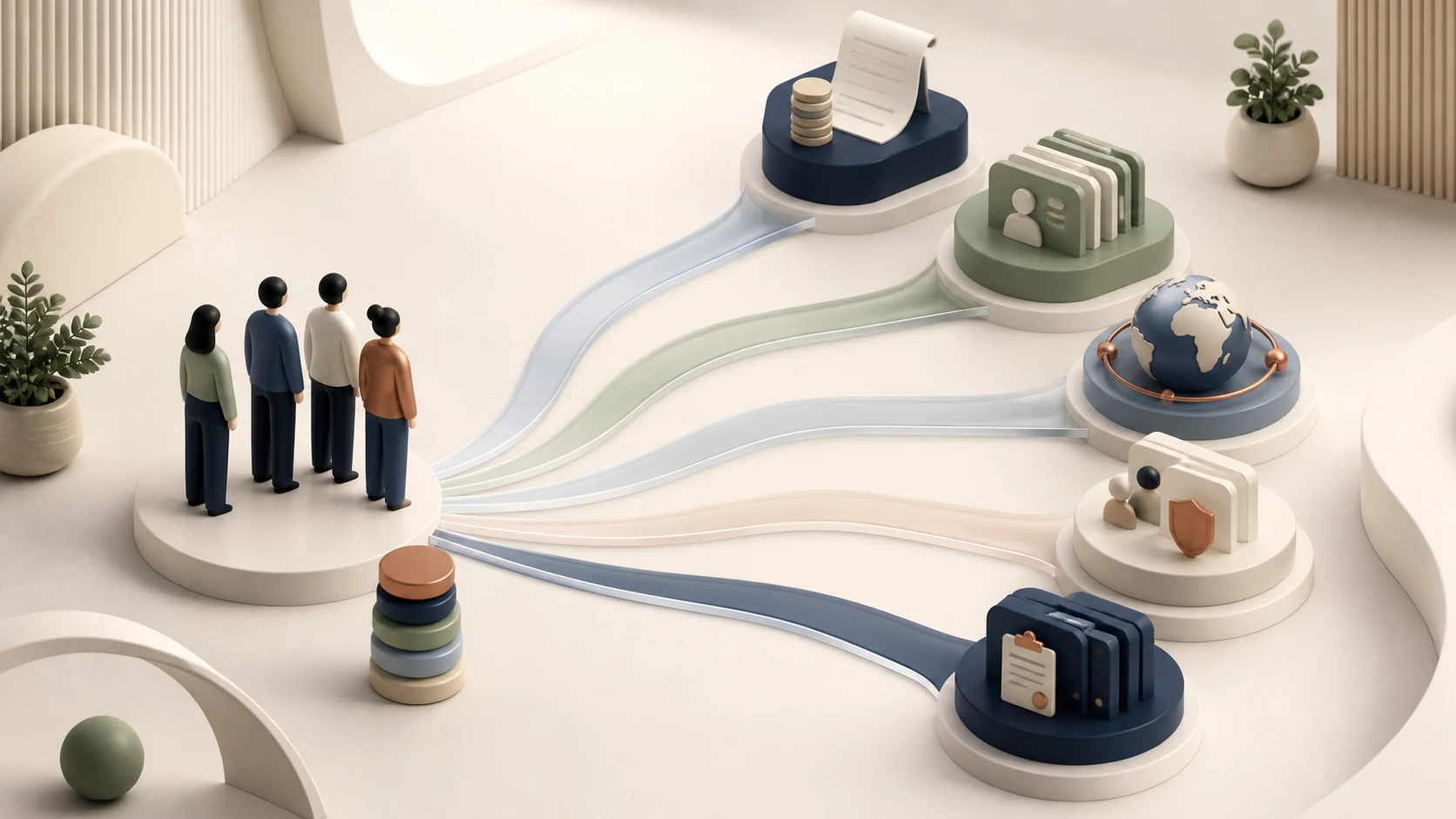A small startup team choosing among organized payroll, employee records, global hiring, benefits, and compliance paths