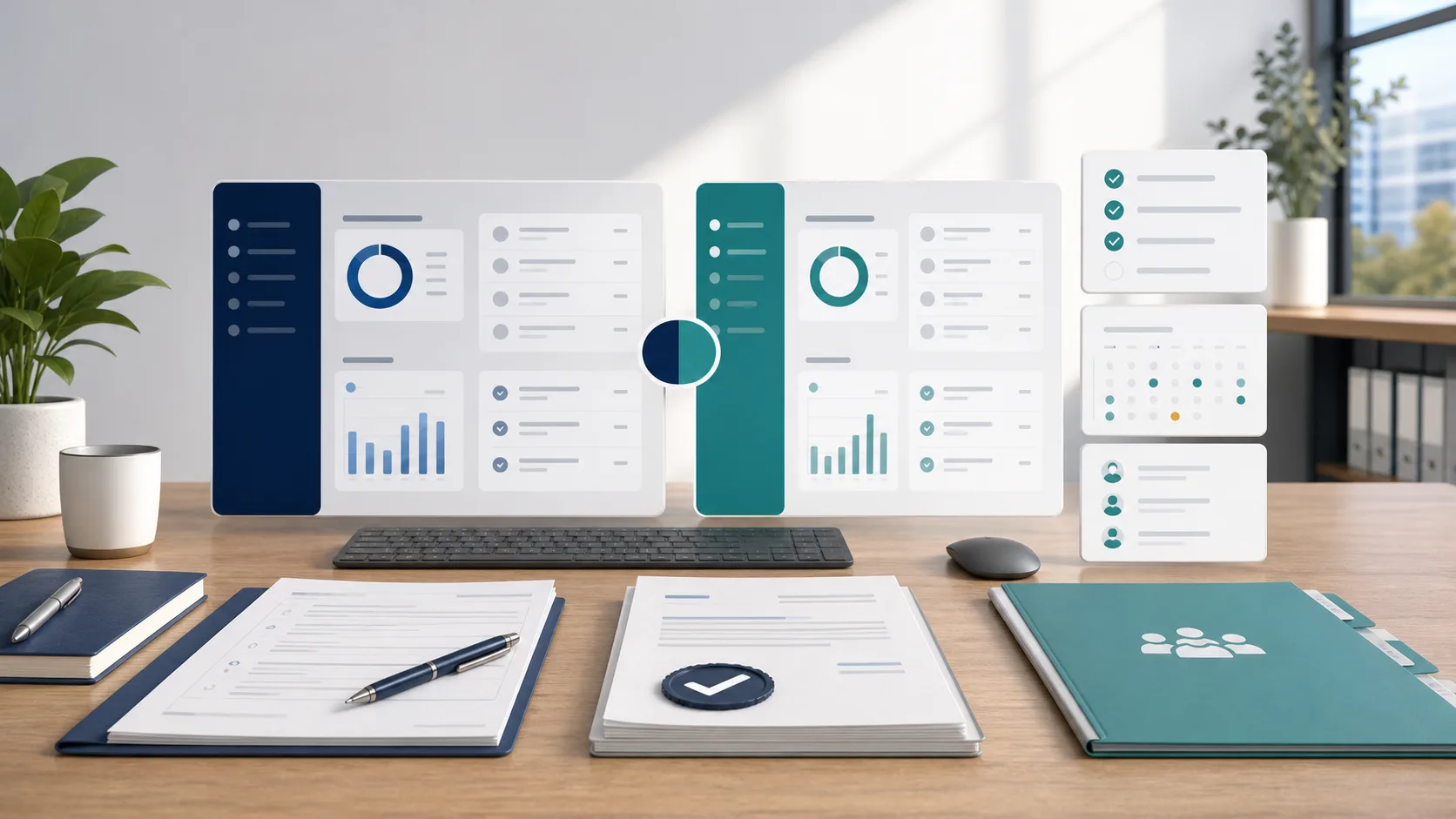 Payroll comparison dashboard with two side-by-side platform panels and HR records