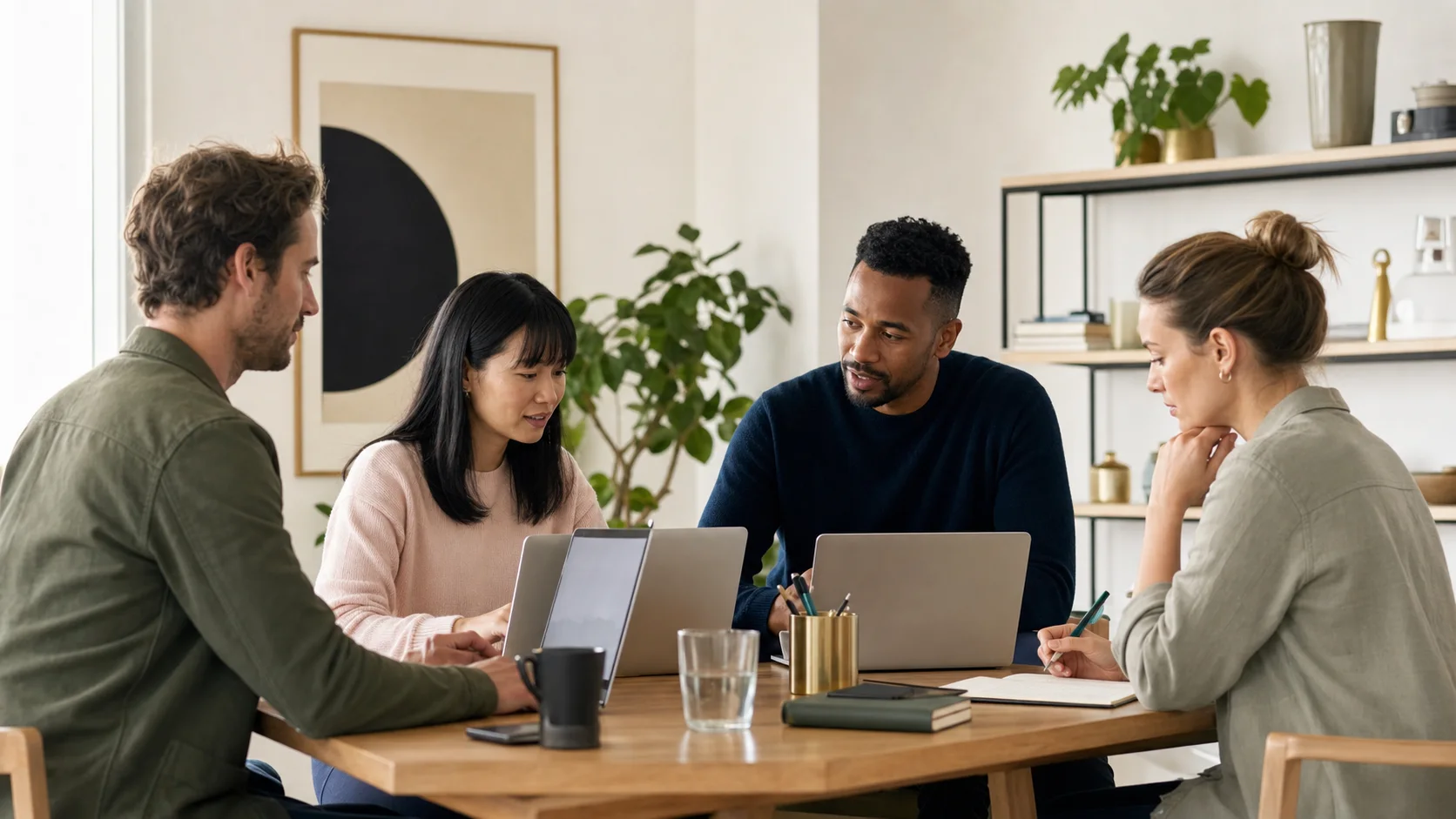 Small business team collaborating around a laptop in a bright office