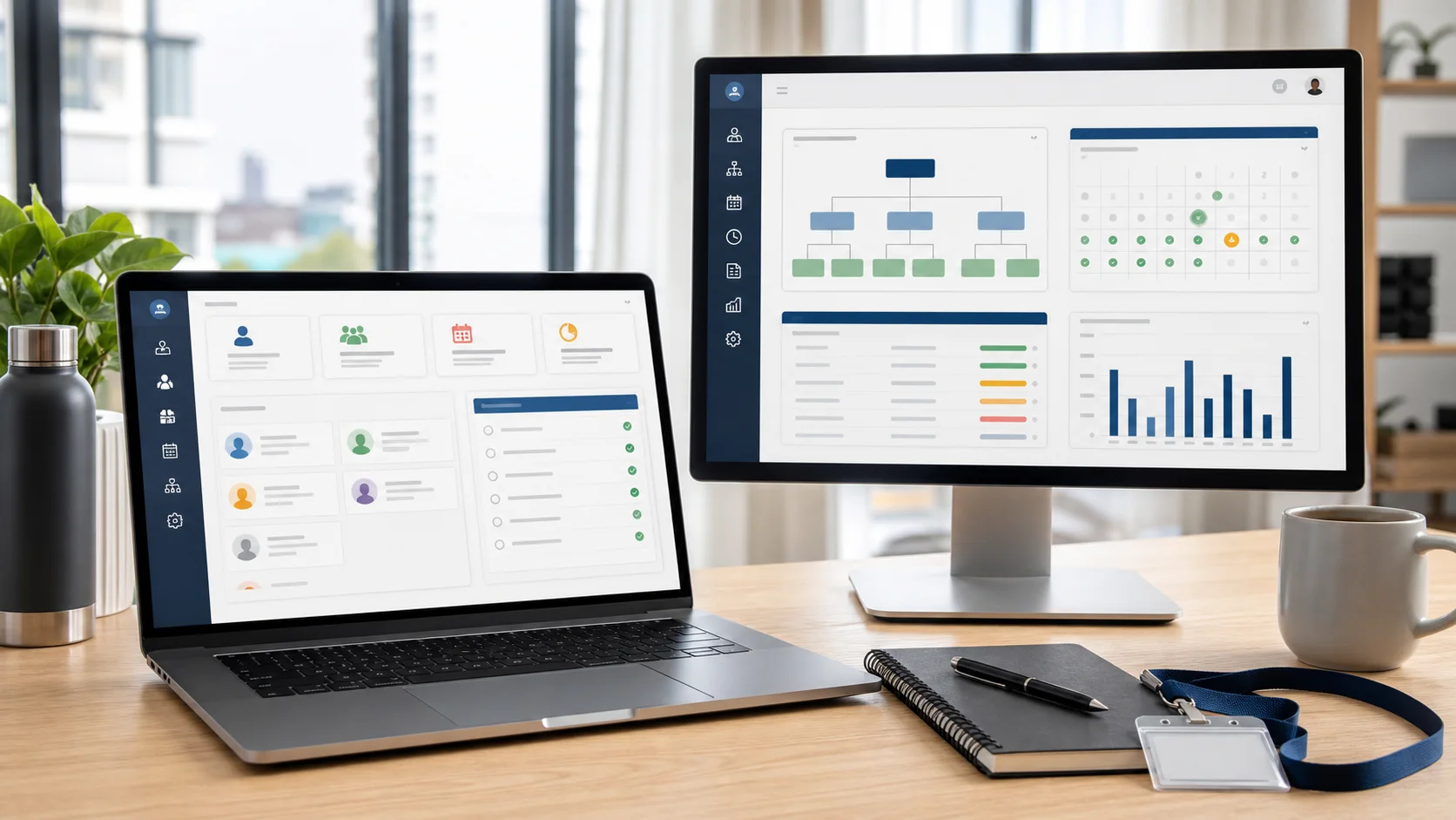 HR operations workspace showing an employee directory, onboarding checklist, organization chart, time off, and reporting
